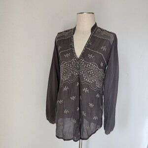 Johnny Was Embroidered Tunic Blouse Long Sleeve V-Neck Cupra-Rayon Grey
